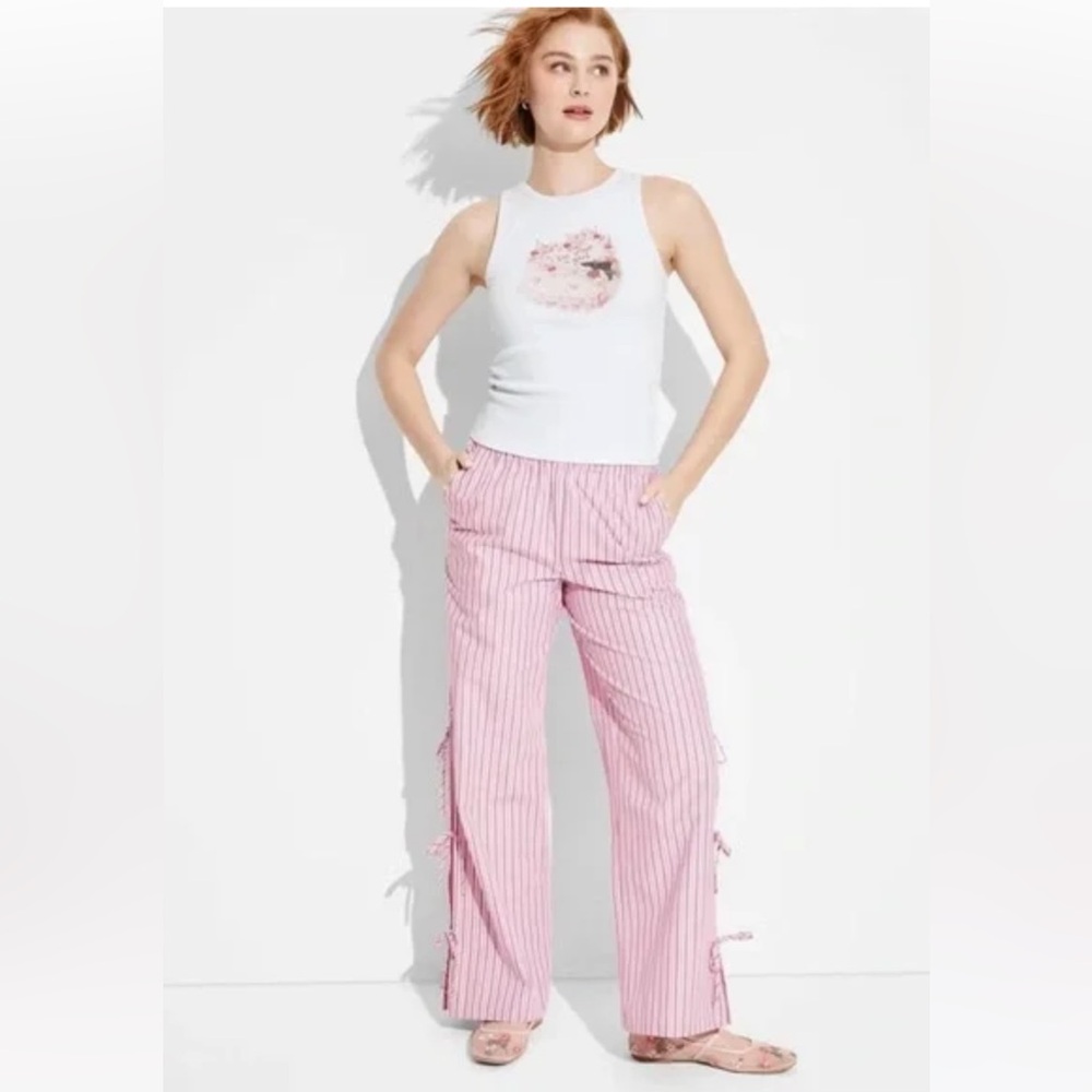 Women's High-Rise Side-Tie Relaxed Boxer Pants Wild Fable Red Striped XS NWT